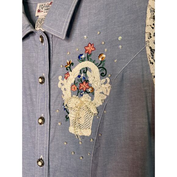 1990s Lacy After Noon Denim Chambray Coquette Cottage Floral Lace Maxi Dress L - Picture 5 of 8